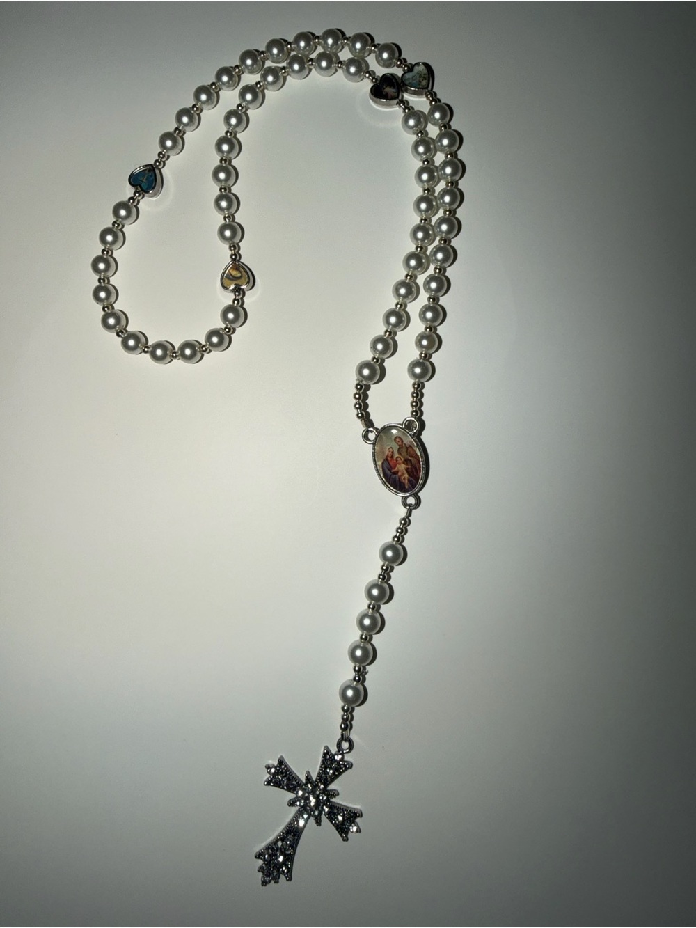 Pearl Beaded Religious Rosary Necklace with Cross Pendant - White